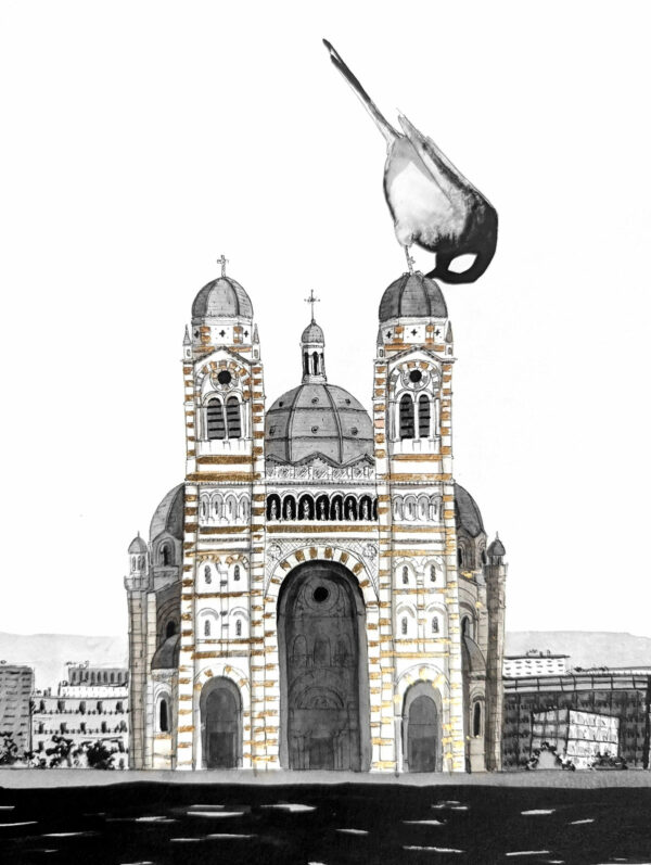 Cathédrale Marseille - 50x65 cm - encre de chine et feuille d'or – Image 4